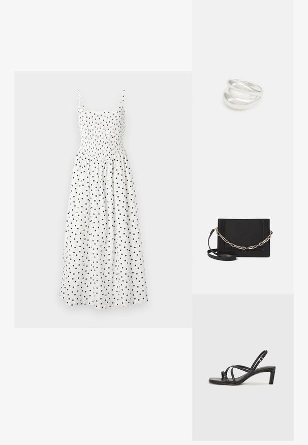 White midi dress with black polka dots, featuring a smocked bodice, thin shoulder straps, and a flowy skirt. Soft fabric with a light texture.; Black strappy sandal with a square toe and a low block heel. Features multiple thin straps and an adjustable ankle strap. Made of smooth leather.; Black leather crossbody bag featuring a smooth texture, rectangular shape, and a metallic chain detail on the front. Adjustable strap included.; Silver double-band ring with a smooth, polished surface. Features a fluid, curved design with overlapping sections for a modern look.