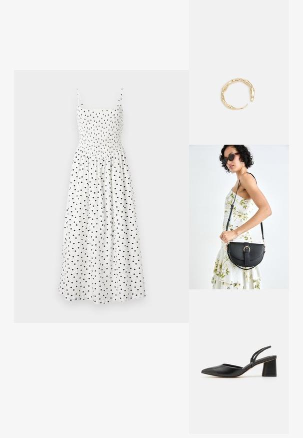 Weißes Midi-Kleid mit schwarzen Punkten, featuring ein gesmokt Oberteil, dünne Spaghettiträger und einen fließenden Rock. Weicher Stoff mit leichter Textur.; Schwarzer Slingback-Schuh mit spitzer Zehenpartie aus glattem Leder, ausgestattet mit einem niedrigen Blockabsatz und dünnen Riemen auf der Rückseite für einen sicheren Sitz.; Schwarze Lederhandtasche mit geschwungener Form, abnehmbarem Tragegurt und goldenen Beschlägen. Die Tasche verfügt über einen Deckel mit einer Schnallen-Details.; Goldfarbener Ring mit einem organischen, gedrehten Design, glatter Oberfläche und sich verjüngenden Enden, was ein modernes, skulpturales Erscheinungsbild erzeugt.