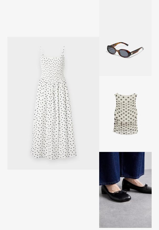 Hvid midi kjole med sorte prikker, med en smocket bodice, tynde skulderstropper og en let flared nederdel. Blødt stof med en let tekstur.; Tank top i creme med store grå prikker. Har en samlet tekstur i siderne, brede skulderstropper og en afrundet nederkant.; Sorte lædersko med firkantet tå og lille hæl, prydet med en dekorativ sløjfe foran. Båret med mørke denimbukser.; Brune skildpaddemønstret solbriller med ovale linser og mørkegrå toning. Har en guldfarvet accent på stængerne. Glat plastoverflade.; Klare og ravfarvede harpiksringe, én glat og gennemsigtig, den anden med en tekstureret, ravfinish. Begge har afrundede, kraftige designs.