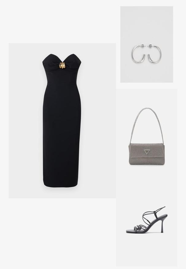 Melnā bezpiedurkņu midi kleita ar pieguļošu siluetu, kura piedāvā savītu bodice detaļu un zelta furnitūras akcentu centrā.; Melnas augstpapēžu sandales ar plāniem siksniņām un mezgla dizainu, gluda kvadrātveida purngalu un elegantu stiletto papēdi.; Gaiši pelēka metāla rokassoma ar ķēdes siksnu, rotāta ar mazām apaļām metāla kniedēm un trīsstūra zīmola logo.; Sudraba riņķveida auskari ar gludu, spīdīgu apdari. Apaļas formas, viegla dizaina, ar aizdari uz stieples.