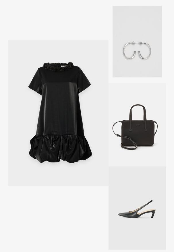 Melns īsais piedurkņu kleita, izgatavota no gludas auduma, ar volānveida ziedu apkakli un kupliem sašūtiem apakšmalām, lai pievienotu tekstūru.; Melna, ar smailu purngalu, slingback kurpe ar zemu papēdi, izgatavota no gludas ādas materiāla un ar izgriezumiem sānos gaisa caurlaidībai.; Melns roku soma ar divām īsām rokturiem un noņemamu plecu siksnu. Gluda ādas līdzīga materiāla ar rāvējslēdzēja aizdari un logos detaļu.; Sudraba riņķveida auskari ar gludu, spīdīgu apdari. Apaļas formas, viegla dizaina, ar aizdari uz stieples.