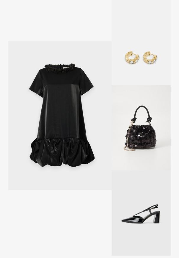 Vestido preto de mangas curtas feito de tecido suave, com um colarinho floral franzido e uma bainha volumosa pregueada para adicionar textura.; Sapatos de salto alto em couro verniz preto, com biqueira pontiaguda, tira ajustável e salto retangular robusto.; Mala mini preta de lantejoulas com uma alça texturizada em nó e corrente prateada. Forma arredondada com parte superior pregueada e detalhes reflexivos.; Brincos de argola dourados com um design texturizado e três cristais transparentes em um lado, oferecendo uma estética geométrica moderna.
