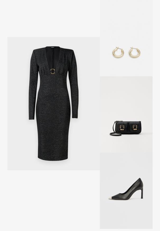 Schwarzes, langärmeliges, tailliertes Midi-Kleid mit tiefem V-Ausschnitt, gerafftem Oberteil, subtil schimmerndem Stoff und dekorativer runder goldener Schnalle vorne in der Mitte.; Schwarzer Lederschuh mit hohem Absatz, spitz zulaufender Zehenpartie und metallischer silberner Spitze. Verfügt über eine glatte Oberfläche und einen schlanken 10 cm hohen Absatz.; Schwarze Leder-Umhängetasche mit zwei vorderen Taschen, goldenen Schnallen, Reißverschluss und einem schmalen Tragegurt. Texturierte Oberfläche und kompakte rechteckige Form.; Lauren Ralph Lauren BASIC SMALL HOOP - Ohrringe - gold-coloured