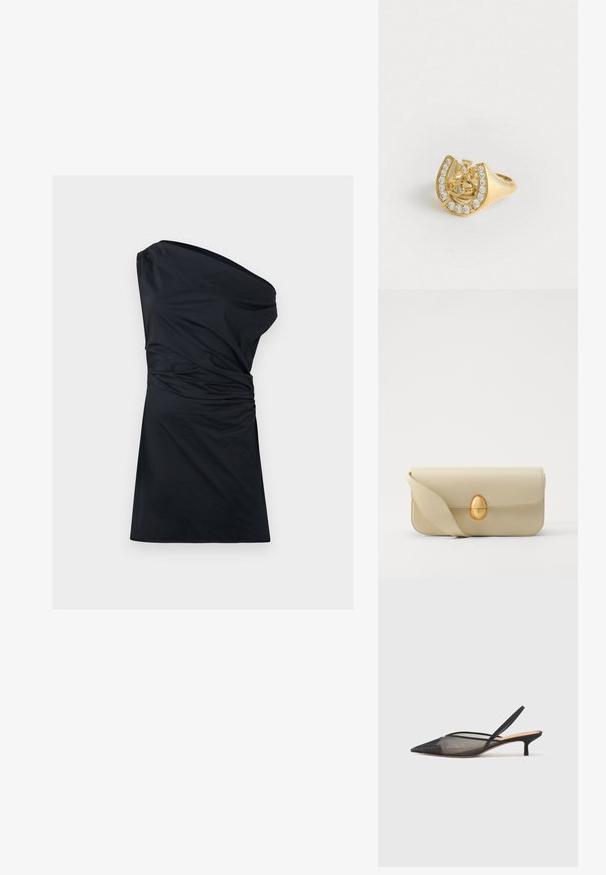 Melns vienas pleca kleita ar sakoptu faktūru un līdz ceļiem gara. Izgatavota no mīksta auduma, ar gludu apdari un minimālu dizainu.; NEOUS IRENA - Klasiski papēži - black; Beige krēma ādas somiņa ar gludu tekstūru, taisnstūra formu un zelta ovālu aizdari. Aprīkota ar garu, regulējamu siksnu.; Zelts gredzens ar kronas dizainu iekšā, kas ietver zirgādas formu, dekorēts ar maziem caurspīdīgiem dārgakmeņiem, uz baltas fona.