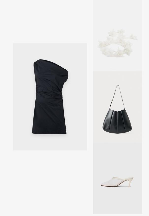 Juodas vieno peties suknelė su sukaupta tekstūra ir kelio ilgio kraštu. Pagaminta iš švelnios medžiagos, pasižymi lygiu paviršiumi ir minimalistiniu dizainu.; Baltos tinklelio smailiakojės mules su plonu vidutinio aukščio kulnu ir užkulnio dizainu ant vientiso fono.; Juodas odinis peties krepšys su raukšlėtu dizainu, lygia tekstūra, viena juosta ir subtiliu auksiniu akcentu.; Gėlėta galvos juosta, pagaminta iš baltų žiedlapių su plonu, lanksčiu juostos. Žiedlapiai yra minkšti ir lengvi, sukuriantys švelnų, sluoksniuotą vaizdą.