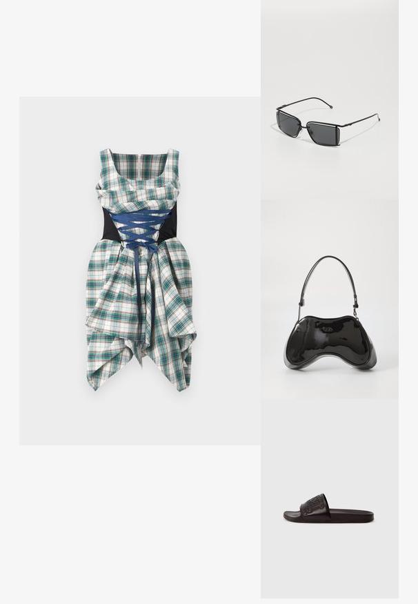 Ruudullinen mekko, jossa on siniset nauhakiinnitykset mustassa vartalossa, muotoiltu pääntie ja epäsymmetrinen, rypistetty hame.; Musta liukuva sandaali, jossa on teksturoitu yläosa, jossa on kohokuvioitu malli, tasapohja ja sileä pinta. Valmistettu synteettisistä materiaaleista.; Mustikkamustat suorakulmaiset aurinkolasit, joissa on ohut metallikehys ja tummennetut linssit. Ominaisuuksiin kuuluu minimalistinen muotoilu ja kapeat vartaat.; Mustat patenttinaiset käsilaukku, jossa on ainutlaatuinen kaareva muoto, lyhyt säädettävä kahva ja vetoketjulla suljettava yläosa. Sileä pinta ja hienovarainen brändäys.