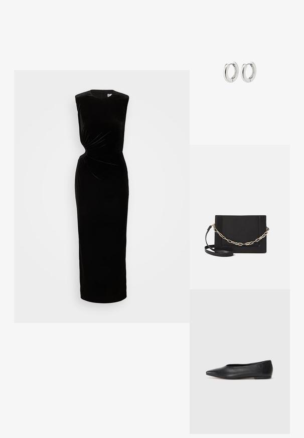 Crna samet haljina bez rukava s tijesnim korzetom, detaljem uvijanja u struku i dugom, ravnom suknjom. Ima zatvaranje na zatvarač na leđima.; Crne kožne balerinke, uski vrh, minimalistički dizajn, glatka tekstura, niska peta, bez vidljivih dodataka ili ukrasa.; Crna kožna torba preko tijela s glatkom teksturom, pravokutnim oblikom i metalnim lancem na prednjoj strani. Uključena je podesiva naramenica.; Srebrne kružne naušnice s poliranim završetkom, koje imaju kružni dizajn i bešavne šarke, prikazujući glatku teksturu.