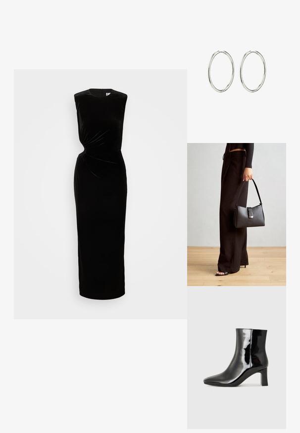 Schwarzes Samt-Ärmelkleid mit tailliertem Oberteil, Drehdetail in der Taille und langem, geradem Rock. Mit einem Reißverschluss auf der Rückseite.; Schwarzer Lackleder-Stiefelette mit spitzer Zehe und einem mittelhohen Blockabsatz. Glatte Textur und minimalistisches Design.; Schwarze Handtasche mit strukturierter Form, glatter Textur und einem metallischen Verschluss. Kombiniert mit weiten schwarzen Hosen und offenen Sandalen auf einem Holzboden.; Silberne Creolen mit einer glatten, polierten Oberfläche. Runde Form, leichtes Design und mit einem sicheren Verschlussmechanismus ausgestattet.