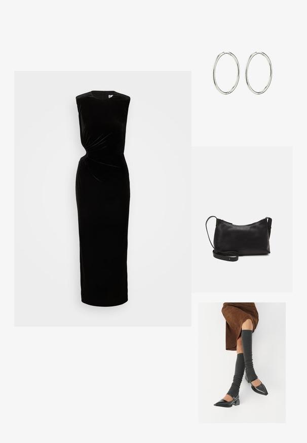 Crna samet haljina bez rukava s tijesnim korzetom, detaljem uvijanja u struku i dugom, ravnom suknjom. Ima zatvaranje na zatvarač na leđima.; Crne lakirane cipele s šiljastim prstima, blok-petom i remenom oko gležnja, uparene s sivim rebrastim čarapama do koljena i smešnom suknjom od antilopa.; Crna kožna torba na rame s glatkom teksturom, zakrivljenim oblikom, podesivim remenom i zatvaranjem na patentni zatvarač. Minimalistički dizajn bez ukrasa.; Srebrne okrugle naušnice s glatkom, poliranom površinom. Okrugli oblik, lagani dizajn, s mehanizmom sigurnog kopčanja.