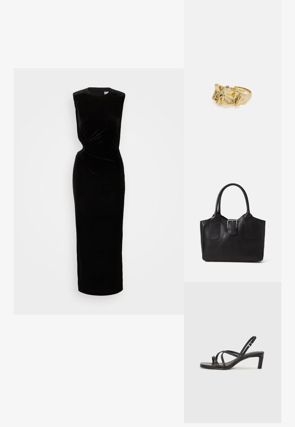 Čierne sametové šaty bez rukávov s priliehavým korzetom, detailom v tvare skrútenia v páse a dlhou, rovnou sukňou. Obsahuje uzáver na zips na zadnej strane.; Čierne sandále na vysokom podpätku so štvorcovou špičkou a nízkym blokovým podpätkom. Obsahujú viacero tenkých popruhov a nastaviteľný členkový popruh. Vyrobené z hladkej kože.; Čierna kožená taška s hladkou textúrou, štruktúrovaným tvarom, dvoma uchami a výrazným strieborným prackovým detailom na prednej strane.; Zlatý prsteň s textúrovaným, vlnitým dizajnom, ktorý má tri výrazné vrcholy. Hladký, lesklý povrch a otvorený pásik pre nastaviteľné prispôsobenie.; Zlatý prsteň s textúrovaným, vlnitým dizajnom, ktorý má tri výrazné vrcholy. Hladký, lesklý povrch a otvorený pásik pre nastaviteľné prispôsobenie.
