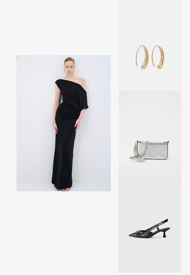 Robe noire à épaules dénudées en tissu doux, dotée de détails drapés, d'une silhouette ajustée et d'une conception longue jusqu'au sol.; Chaussure slingback en cuir noir avec un bout pointu, des sangles décoratives avec œillets en métal et un petit talon carré. Surface texturée.; Sac bandoulière en cuir argenté avec une finition texturée, accents de chaîne et de sangle, et une fermeture à glissière. Présente un logo sur le devant.; Boucles d'oreilles en métal doré en forme d'anneau, avec une forme courbée et allongée. Elles présentent une surface lisse et brillante avec une pointe arrondie pour un détail supplémentaire.