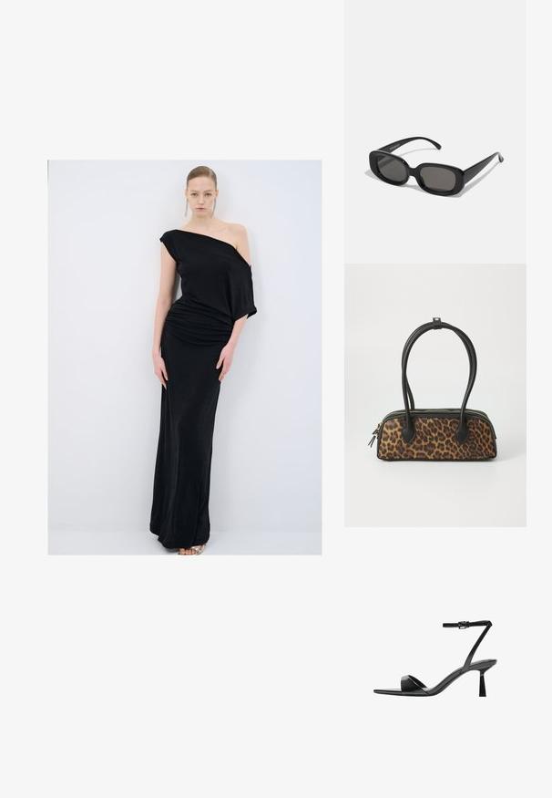 Schwarzes schulterfreies Kleid aus weichem Stoff, mit drapierten Details, einer figurnahen Silhouette und bodenlanger Gestaltung.; Bershka High Heel Sandalette - black; Schwarze rechteckige Sonnenbrillen mit dunklen Gläsern. Dicke Kunststofffassung, glatte Oberfläche und abgerundete Kanten. Modische Bügel verjüngen sich nach außen.; Leopardenmuster-Handtasche mit schwarzem Kunstlederboden, doppelten oberen Griffen, goldfarbenem Reißverschluss und akzentuierten schwarzen Kunstlederlaschen. Rechteckige Form.