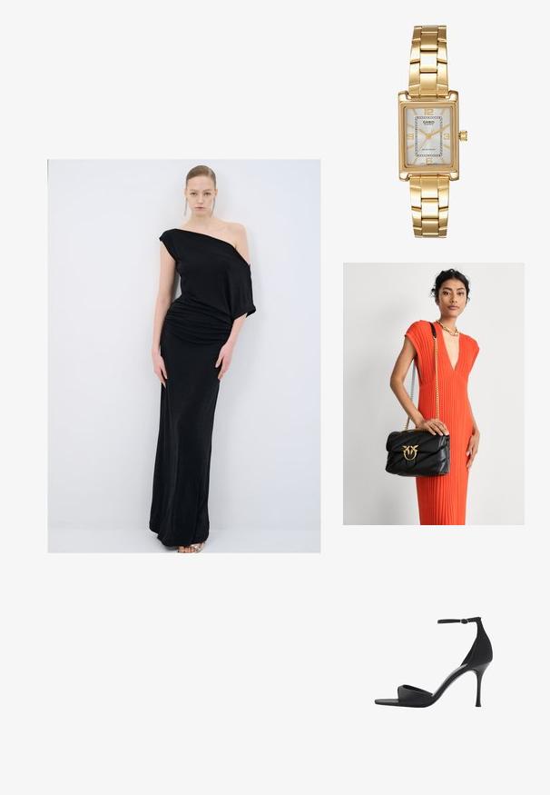 Sort off-shoulder kjole lavet af blødt stof, med draperede detaljer, en tætsiddende silhuet og gulvlængde.; Mango Højhælede sandaletter / Højhælede sandaler - black; Sort læderhandtaske med quiltet design og guldfarvet hardware, der har en dekorativ lås. Tasken har en kæderekke og holdes i hånden.; Guldtonet rektangulær armbåndsur med en hvid skive, sølvtonede time markører og et holdbart metalled. Vandafvisende funktion inkluderet.