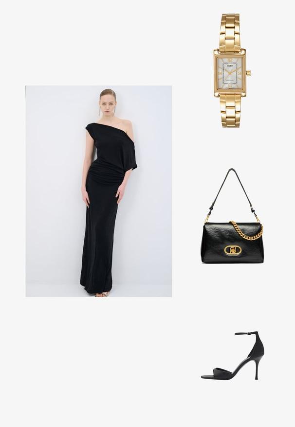 Schwarzes schulterfreies Kleid aus weichem Stoff, mit drapierten Details, einer figurnahen Silhouette und bodenlanger Gestaltung.; Mango High Heel Sandalette - black; Schwarze Ledertasche mit gekräuselter Textur, goldfarbener Kettenakzent und einem auffälligen goldenen Verschluss mit ovalem Logo. Verstellbarer Schulterriemen.; Goldfarbene rechteckige Armbanduhr mit Zifferblatt in Weiß, silbernen Stundenmarkierungen und einem strapazierfähigen Metallarmband. Wasserfest.