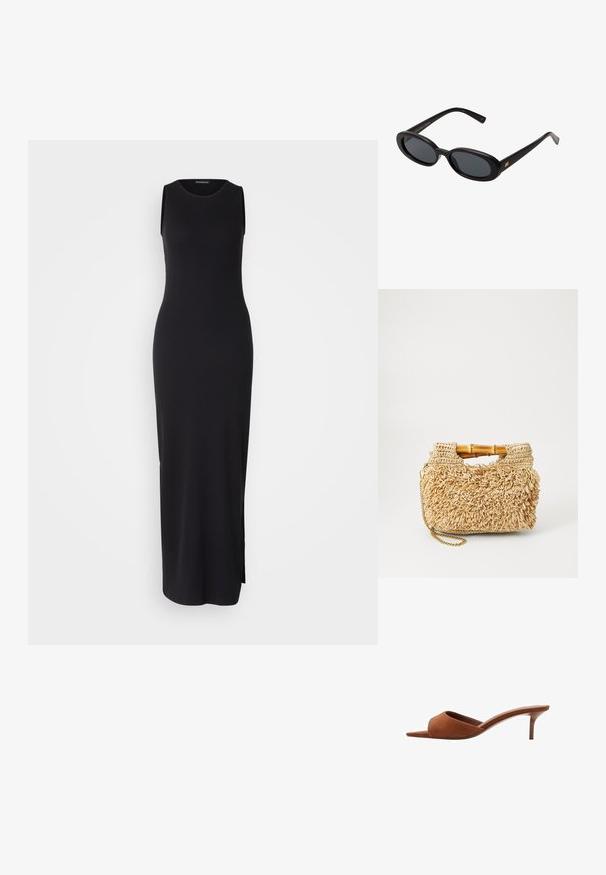 Črna brezrokavna maksi obleka s prilagojeno silhueto, rebrasto teksturo, okroglim izrezom in stranskim razporkom za enostavno gibanje.; Rjave semiš odprte mule s ukrivljenim dizajnom, ki se ponašajo z nizko stiletto peto in gladkimi, minimalističnimi linijami.; Črne oversize sončne očala z ovalnimi lečami, gladkim plastičnim okvirjem in zlatenimi detajli na templjih. Temne leče zagotavljajo zaščito pred soncem.; Woven straw torba z bambusovimi ročaji, z teksturiranim frufru dizajnom v naravni bež barvi in z zlatim verižnim pasom.