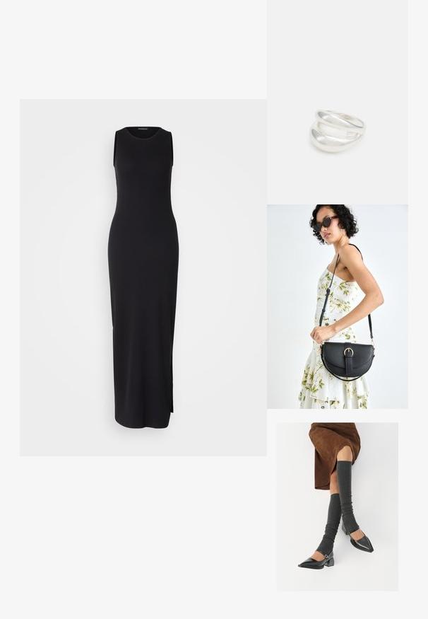 Mustmust pikk kleit, millel on sobiv siluett, ribakujuline tekstuur, ümar kaelus ja külgslits, et liikumine oleks mugav.; Mustad patsaline odav värviga kingad, millel on kreen ja pahkluuring, on paaritatud hallide ribakudumitega sääremiidega ja pruunist nahast seelikuga.; Mustmust mustraha kõverate joontega, eemaldatava rihmaga ja kuldsete detailidega. Kotil on klapp, millel on pandladetail.; Hõbedane kahekordne rõngas sujuva, poleeritud pinnaga. Omab voolavat, kõverat disaini, millel on kattuvad sektsioonid, et saavutada kaasaegne ilme.