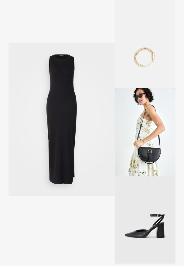 Mustapäinen hihaton maksimekko, jossa on muotoileva siluetti, ribattu pinta, pyöreä kaula-aukko ja sivuhalkio liikkuvuuden helpottamiseksi.; Mustat nahkakengät, joissa on kapea kärki, nilkkaremmi ja paksu korko. Tasainen pinta, tyylikäs muotoilu ja minimalistinen estetiikka.; Musta nahkainen käsilaukku, joka on kaareva muotoilultaan, irrotettavalla hihnalla ja kultaisilla yksityiskohdilla. Laukussa on läppä, jossa on solk yksityiskohta.; Kultaketju, jossa on orgaaninen, kierretty muotoilu, sileä pinta ja cappatut päät, luoden modernin, veistoksellisen ilmeen.