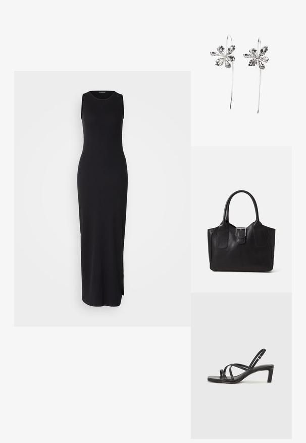 Fekete ujjatlan maxiruha, testhez simuló szabással, bordázott textúrával, kerek nyakkivágással és oldalsó hasítékkal a könnyű mozgás érdekében.; Fekete pántos szandál négyzetes orral és alacsony blokk sarkal. Több vékony pánttal és állítható boka pánttal rendelkezik. Sima bőrből készült.; Fekete bőr bevásárlótáska sima textúrával, strukturált formával, két fogantyúval és egy figyelemfelkeltő ezüst csattal az elején.; Ezüst virágformájú fülbevalók, texturált felülettel, hosszú akasztókkal és szirmokra hasonlító részletekkel az összetett dizájn érdekében.