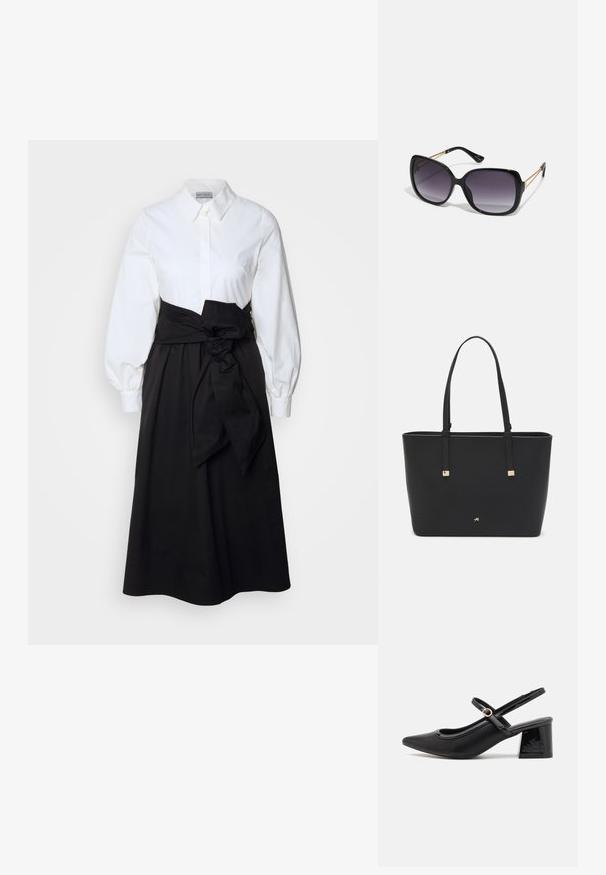 Blusa blanca de botones con mangas largas abullonadas, combinada con una falda negra y un cinturón de tela atado a la cintura, hecha de un suave material de algodón.; Tacones slingback de charol negro con punta afilada, un diseño de corte redondeado y tacón bloque. Incluye un detalle de hebilla en tono dorado.; Gafas de sol negras de gran tamaño con lentes degradados, montura gruesa y detalles de cadena en tono dorado en las patillas.; Bolso tote negro hecho de material sintético, con un diseño rectangular simple, acentos cuadrados dorados y asas dobles.