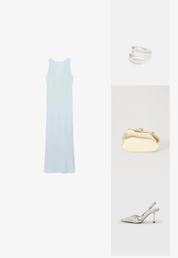 Svetlo modré, bezrukávové maxi šaty s okrúhlym výstrihom, vyrobené z hladkej látky, s jednoduchým, rovný siluetou a bez viditeľného kovania.; Strieborné slingback lodičky na vysokom opätku s špicatou špičkou, metalickým povrchom, dvoma dekoratívnymi pruhmi a štíhlym opätkom s čiernym hrotom.; Kovová zlatá kabelka s hladkým, zaobleným tvarom, ktorá má horné zapínanie na gombík a malý reťazový popruh na nosenie.; Strieborný prsteň s dvojitým pásikom s hladkým, lesklým povrchom. Má plynulý, zakrivený dizajn s prekryvajúcimi sa časťami pre moderný vzhľad.
