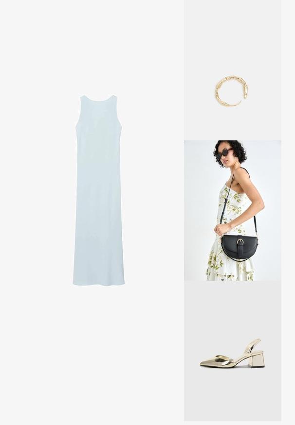 Svijetloplava, bez rukava maxi haljina s okruglim dekolteom, izrađena od glatkog materijala, s jednostavnim, ravnim siluetom i bez vidljivih dodataka.; Zlatni metalik slingback sandali s šiljatim vrhom i debelim potpeticama. Glatka tekstura, minimalistički dizajn i uski remen.; Crna kožna torba s lukovitim oblikom, odvojivim remenom i zlatnim detaljima. Torba ima preklop s kopčom.; Prsten u zlatnoj nijansi s organskim, uvijenim dizajnom, glatkom teksturom i suženim krajevima, koji stvara moderan, skulpturalni izgled.