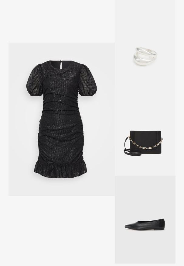 Juoda mini suknelė su pūstomis rankovėmis, raukšlėtu audiniu, tekstūruota medžiaga ir banguotu apačiu. Uždaroma su užtrauktuku gale.; Juodas odinis baleto batas, su smailiu pirštu, minimalistinio dizaino, lygiu paviršiumi, žemo profilio kulnu, be matomos aparatūros ar papuošimų.; Juodas odinis per petį nešiojamas krepšys turi lygų paviršių, stačiakampio formą ir metalinę grandinėlę priekyje. Pridedama reguliuojama dirželis.; Sidabrinis dvigubas žiedas su lygiu, poliruotu paviršiumi. Pasižymi sklandžiu, kreiptu dizainu su persipinančiomis dalimis, suteikiančiomis modernų išvaizdą.