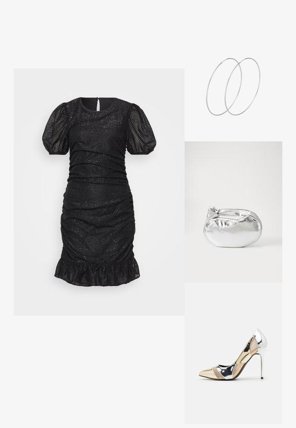 Čierne mini šaty s nadýchanými rukávmi, rebrovanými detailmi, textúrovanou tkaninou a volánikmi na spodnej časti. Zapína sa na zips na zadnej strane.; Lodičky s špičatou špičkou v striebornom, zlatom a telovom farebnom prevedení. Lesklý povrch s výrezovým dizajnom, s ihlovým opätkom.; Strieborná metalická taška s mäkkým, zaobleným tvarom a uzáverom s uzlíkom. Vyrobená z hladkej syntetickej kože.; Strieborné kruhové náušnice s minimalistickým dizajnom. Cirkulárny tvar, hladký povrch a tenký profil. Ľahké s lesklým povrchom.