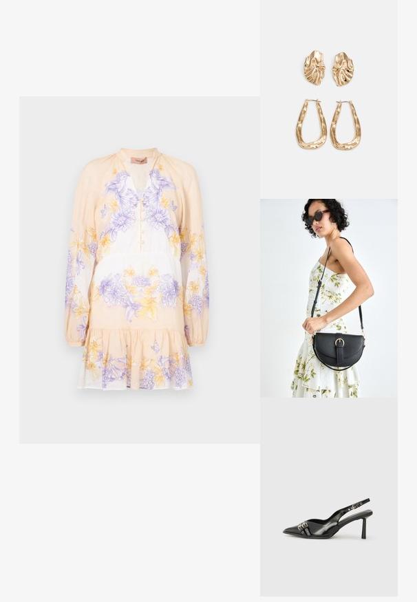 TWINSET DRESS - Dnevna haljina - lavender/yellow; Crna lakirana slingback cipela s izduženim vrhom, remenčićima oko gležnja s srebrnim kopčama i dijelovima, te vitkim potplatom.; Crna kožna torba s lukovitim oblikom, odvojivim remenom i zlatnim detaljima. Torba ima preklop s kopčom.; Naušnice zlatne boje s teksturiranim, valovitim oblicima. Uključuju skulpturalne kopče i dizajn otvorene kružnice s kovanom završnom obradom.