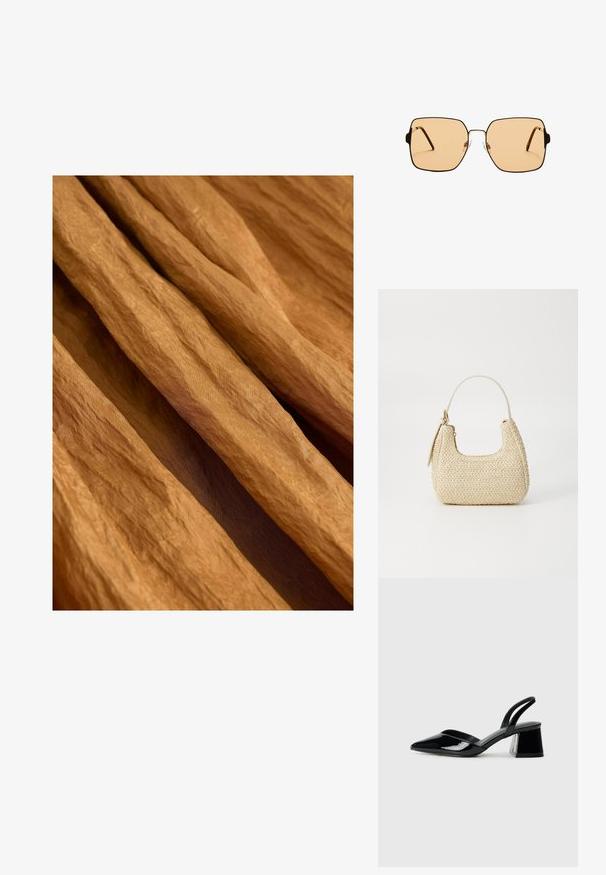 Faltiger Stoff in einem warmen, erdigen Braunton mit einer strukturierten Oberfläche, drapiert und sich in sanften, fließenden Falten überlappend.; Schwarze Lackleder-Slingback-High Heels mit spitzem Schuh und einem geometrischen Blockabsatz. Verfügt über ein schlankes, minimalistisches Design und eine glatte Textur.; Quadratische Sonnenbrillen mit braunen Gläsern und einem dünnen schwarzen Metallrahmen. Verfügt über schräg gestaltete Bügel und verstellbare Nasenpads für zusätzlichen Komfort.; Beige geflochtene Strohtasche mit geschwungener Form, einem kurzen Griff und einem seitlichen Reißverschluss. Verfügt über eine strukturierte Oberfläche und ein minimalistisches Design.