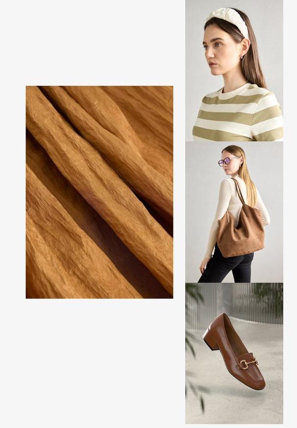 Tissu froissé dans une teinte marron chaud et terreux avec une finition texturée, drapé et se superposant en douces ondulations fluides.; Mocassin en cuir verni marron avec un bout carré, accent de chaîne métallique et petit talon carré ; texture lisse, design minimaliste.; Sac fourre-tout en daim marron avec une texture douce, grande ouverture et longues sangles. Présente un design simple avec des coutures visibles et sans matériel.; Un bandeau en créme rembourré avec un design torsadé, associé à une chemise rayée beige et blanche à col rond. Accent de bijoux discrets.
