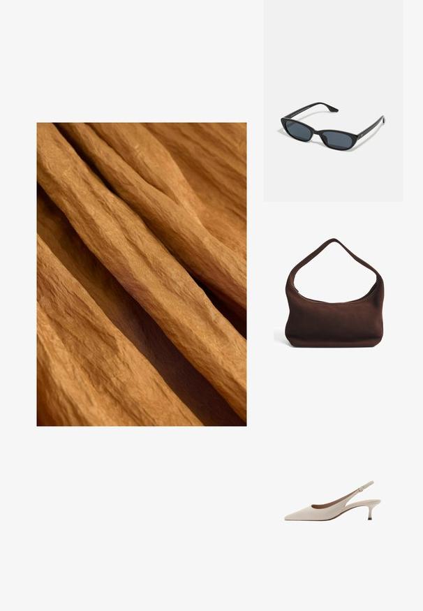 Mehansko blago v toplem, zemeljskem rjavem odtenku z teksturirano površino, zložen in prekrivajoč v mehkih, tekočih gubah.; Bež sandale s peto, ki se zavezuje za peto, z izostrenim nosom in nizko, razširjeno peto. Narejene iz gladke usnje z minimalisticnim dizajnom in prilagodljivo zanko.; Črne mačkaste sončne očala z temnimi lečami, plastičnim okvirjem, ozkimi stebli ter diskretnim logotipom na notranji strani ročaja. Mat zaključna tekstura.; Rjava usnjena torba z ovalnim ročajem, mehko teksturo in zgornjim zadrgo. Brez vidne kovinske opreme ali vzorcev.