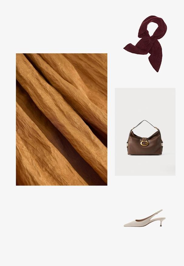 Gekreukt stof in een warme, aardse bruine tint met een textuurafwerking, gedrapeerd en overlappend in zachte, vloeiende plooien.; Beige slingback hakken met een puntige neus en een lage, uitlopende hak. Gemaakt van glad leer met een minimalistisch ontwerp en een verstelbare band.; Bordeaux sjaal gemaakt van zachte, gestructureerde stof; heeft een elongated vorm met spitse uiteinden, geschikt voor wikkelen of knopen.; Bruine leren handtas met een textuurafwerking, voorzien van een gouden sluiting en een enkele, gebogen schouderriem.
