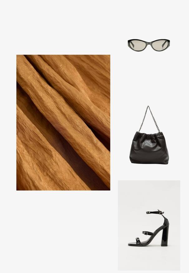 Mehansko blago v toplem, zemeljskem rjavem odtenku z teksturirano površino, zložen in prekrivajoč v mehkih, tekočih gubah.; Črne lakirane sandale s peto, kvadratnim prstom, trakovi okrog gležnja in srebrnimi zaponkami. Opremljene so s stabilno Debelo peto.; Črne mačje očala z sivimi lečami. Plastičen okvir ima ostre robove in gladko, sijočo površino.; Rjava usnjena torba z nabranim vrhom in verižnim trakom. Gladka tekstura z sijajno površino in subtilnimi šivi na straneh.