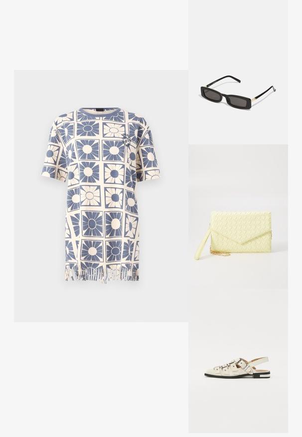 Camiseta de manga corta, hecha de algodón, con un patrón floral en azul y crema, que presenta flecos en el dobladillo. Diseño de corte recto y cuello redondo.; Sandalias slingback de cuero blanco con múltiples correas anchas y hebillas plateadas; suela plana con un pequeño tacón negro y acentos metálicos.; Gafas de sol rectangulares negras con lentes oscuros, montura de plástico brillante y detalles dorados en las patillas. Diseño minimalista y forma elegante.; Cartera de mano tejida amarilla con diseño de solapa, correa de muñeca desmontable y acento de cadena dorada. Textura suave y forma rectangular.; Aretes de aro de oro con un acabado suave y brillante. Diseño circular que presenta un pequeño post y un respaldo transparente para un uso seguro.