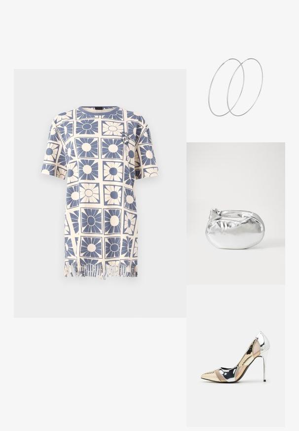 Majica s kratkim rukavima od pamuka s plavim i krem cvjetnim uzorkom, s resicama na donjem rubu. Ravnog kroja i okruglog izreza.; Cipele s visokom potpeticom i špicastim vrhom u srebrnoj, zlatnoj i nude boji. Sjajan finiš s izrezbarenim dizajnom, s potpeticom u obliku stiletto.; Srebrna metalik torbica s mekim, zaobljenim oblikom i čvorastim zatvaranjem na vrhu. Izrađena od glatke sintetičke kože.; Srebrne okrugle naušnice s minimalističkim dizajnom. Kružni oblik, glatka tekstura i tanak profil. Lagane s poliranim završetkom.