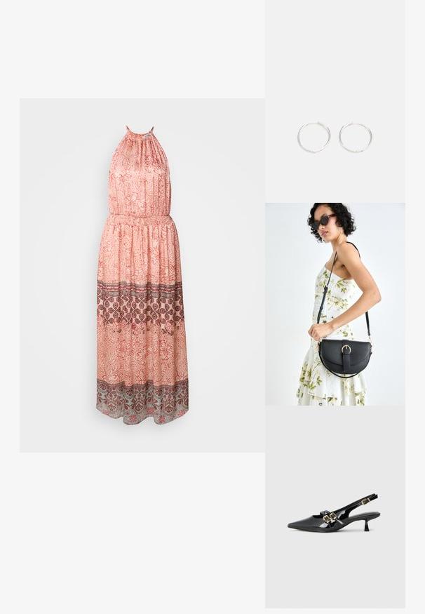 Maksimālais kleita mīkstā persiku audumā ar haltera apkakli. Iezīmes ziedu raksti, elastīga jostasvieta un dekoratīvs mala tumši sarkanā un pelēkā krāsā.; Melna laku āda slingback augstpapēžu kurpes ar norādītu purngalu, divām siksnām ar zelta sprādzēm un īsu kaķu papēdi. Gluda tekstūra.; Melnas ādas rokassoma ar izliekta formu, noņemamu siksnu un zelta aksesuāriem. Somai ir vāciņš ar sprādzes detaļu.; Sudraba riņķa auskari ar elegantu, apaļu dizainu, kas izceļas ar gludu virsmu un bez redzamām rotājumām. Diametrs netiek norādīts.