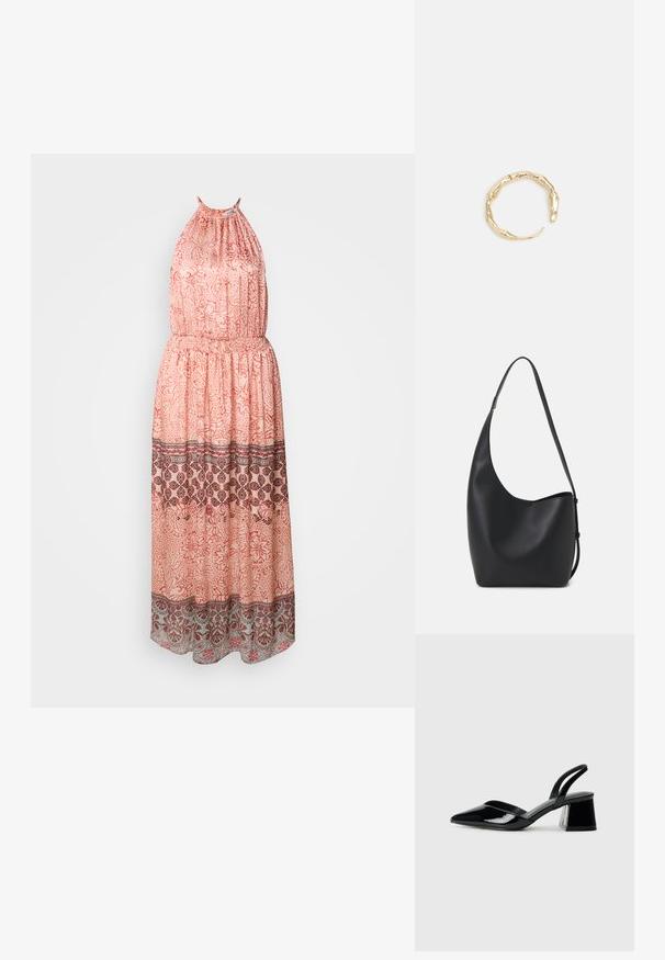 Maximekkopuku pehmeästä persikkakankaasta, jossa on halterneck-kaula-aukko. Sisältää kukkakuvioita, joustavan vyötärön ja koristeelliset reunukset tummamaroonin ja harmaan sävyissä.; Mustat patentoitu nahkakengät, joissa on säären takaosa ja terävä kärki, sekä geometrinen palikkakorko. Sisältää tyylikkään, minimalistisen muotoilun ja sileän pinnan.; Musta nahkainen hobo-laukku, jossa on sileä pinta, kaareva muoto ja yksi säädettävä olkahihna; sisäänkäynti on leveä ylhäältä.; Kultaketju, jossa on orgaaninen, kierretty muotoilu, sileä pinta ja cappatut päät, luoden modernin, veistoksellisen ilmeen.