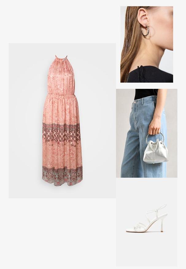 Lágy barack színű maxi ruha, nyakpántos kivitelben. Virágmintákkal, elasztikus derékrésszel és díszített szélekkel sötét bordó és szürke színben.; Fehér pántos magassarkú szandál lapos lábujjal, texturált elülső résszel, ráncolt díszítéssel és vékony bokapánttal.; Fémes ezüst színű vödör táska, texturált felülettel, ezüst kerek füllel és húzózárral, világoskék farmer mellett tartva.; Ez egy ezüst fülbevaló, sima felülettel, amelyen apró arany díszítőelemek találhatók. Kerek formájú és a fülcimpán viselik.