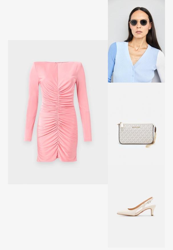 Pielāgota garām piedurknēm kleita gaisā rozā audumā ar ručotu detaļu priekšpusē, ar kvadrātveida dekoltē un aizmugures rāvējslēdzēja aizdari.; Baltas siksniņveida papēdis ar smailu purngalu, gludu augšējo materiālu, zemu blokpapēdi un sānu izgriezumu dizainu ar regulējamu sprādzi.; Apaļas saulesbrilles ar tumšiem objektīviem un zeltītām rāmēm. Modelis valkā gaiši zilu, ribotu kardigānu ar pogām un kontrastējošām baltām piedurknēm.; Michaela Korsa rokassomi bez̦ā īšojuma, kas izgatavota no apklāta kanvas, iekļaujot atkārtotu MK logotipa rakstu, zelta aparatūru un noņemamu ķēdes siksnu.