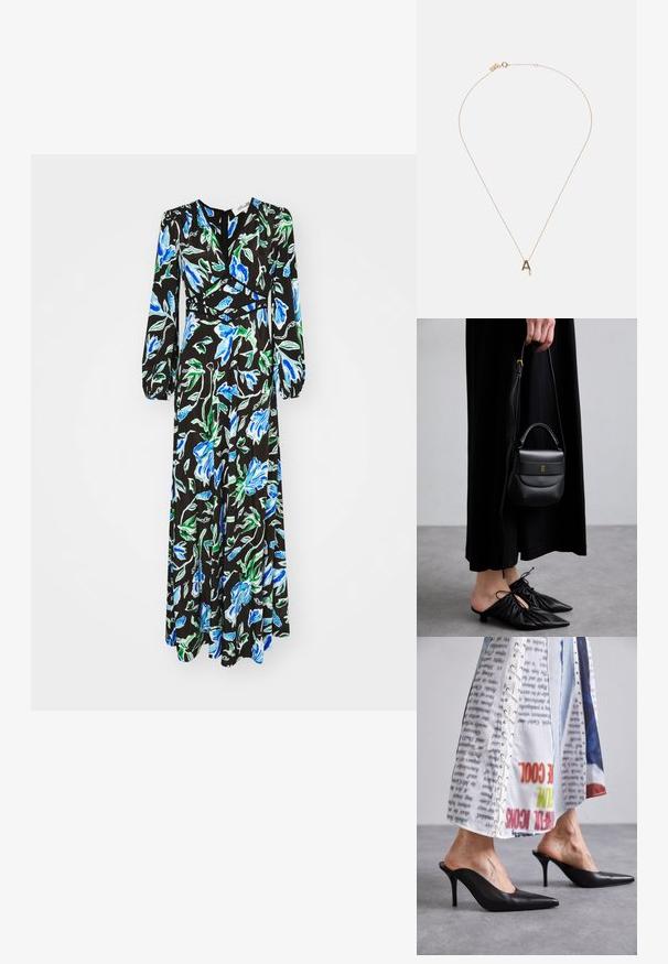 Diane von Furstenberg SELINE DRESS - Maksimekko - blue; Mustat nahkakengät, joissa on terävä kärki ja korkea korko, yhdistetty valkoisen kuviollisen vaatekappaleen kanssa, jossa on nauhoitusyksityiskohtia.; Pieni musta nahkabag, jonka muoto on pyöreä, yläkahva ja irrotettava olkahihna. Yhdistetty mustan kankaan mekkoon ja mustiin plissee-kenkään.; Kultaiset korvarenkaat, joissa on pienellä a-kirjaimella varustettu riipus, herkkä ketju ja pieni korukivi. Minimalistinen muotoilu, jossa on sileä pinta.