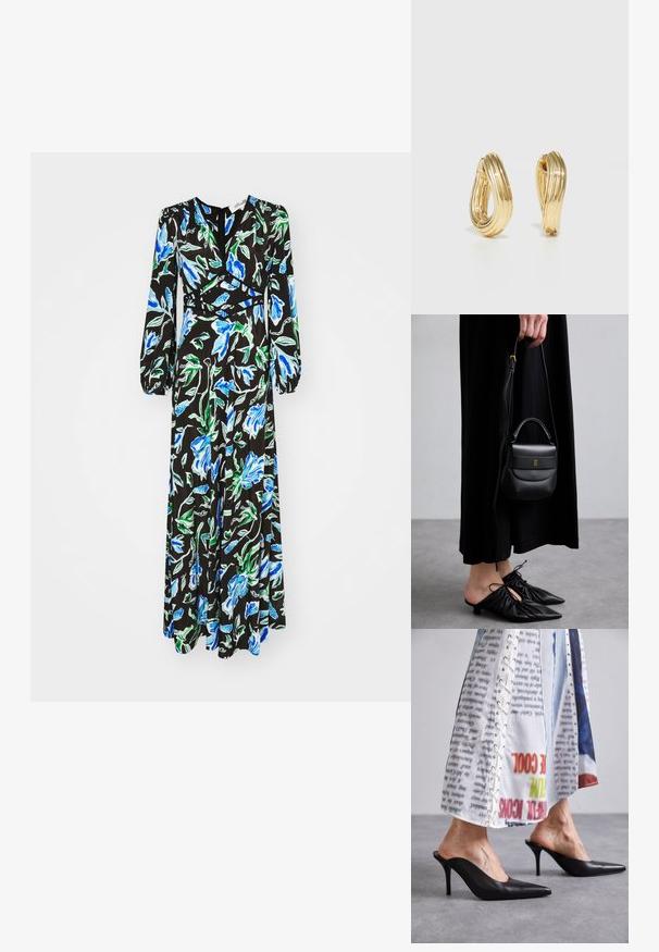 Diane von Furstenberg SELINE DRESS - Rochie maxi - blue; Muli negri din piele cu vârful ascuțit și toc stiletto, asortați cu o îmbrăcăminte albă cu un model care dispune de detalii cu șireturi.; Geantă mică din piele neagră, cu o formă rotunjită, mânere superioare și curea detașabilă. Pur tată cu o rochie din material negru și pantofi plisati negri.; Cercei din metal auriu, cu un design răsucit, având o textură îmbătrânită și o finisare netedă. Construcție ușoară și goală.