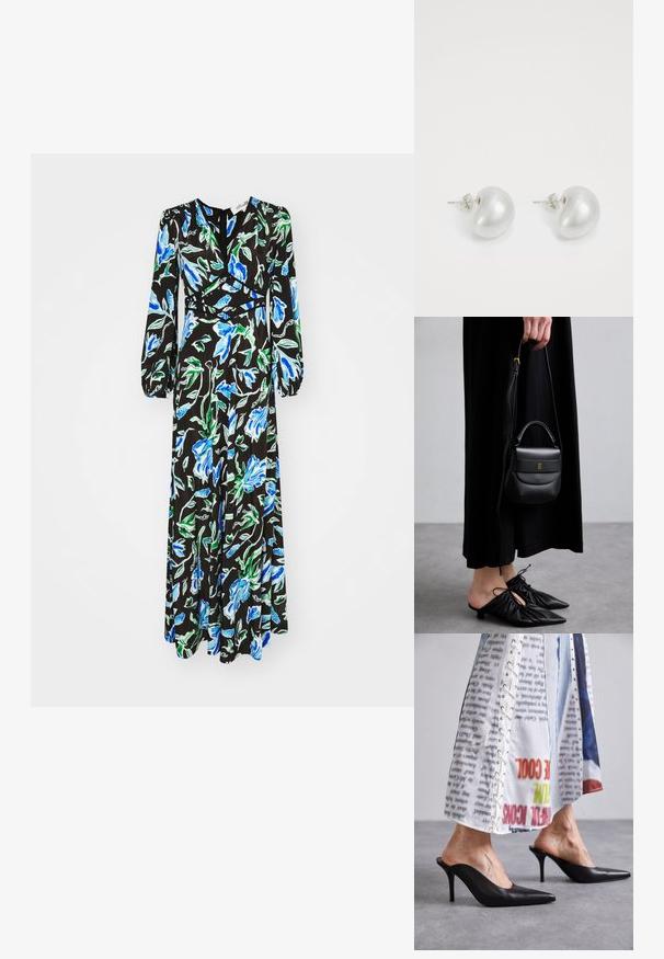 Diane von Furstenberg SELINE DRESS - Rochie maxi - blue; Muli negri din piele cu vârful ascuțit și toc stiletto, asortați cu o îmbrăcăminte albă cu un model care dispune de detalii cu șireturi.; Geantă mică din piele neagră, cu o formă rotunjită, mânere superioare și curea detașabilă. Pur tată cu o rochie din material negru și pantofi plisati negri.; Cercei din perlă argintie cu o formă curbată, asemănătoare unei boabe. Suprafață netedă și strălucitoare, asigurată cu un sistem de fixare tip tijă și spate.