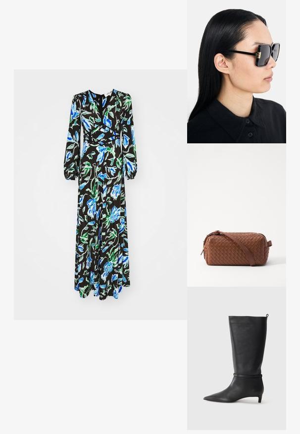 Diane von Furstenberg SELINE DRESS - Maksi garuma kleita - blue; Melnas ādas līdz ceļiem stīgas ar norādītu purngalu, akcentētas ar apaļu siksnu ap potīti un zemu, sašaurinātu papēdi. Gluda tekstūra.; Tory Burch Saulesbrilles - black/dark grey; Brūns austs ādas soma ar taisnstūra formu, gludu tekstūru, rāvējslēdzēja aizdari un plecu siksnu. Iekļauj sānu rokturi un zelta akcentus.