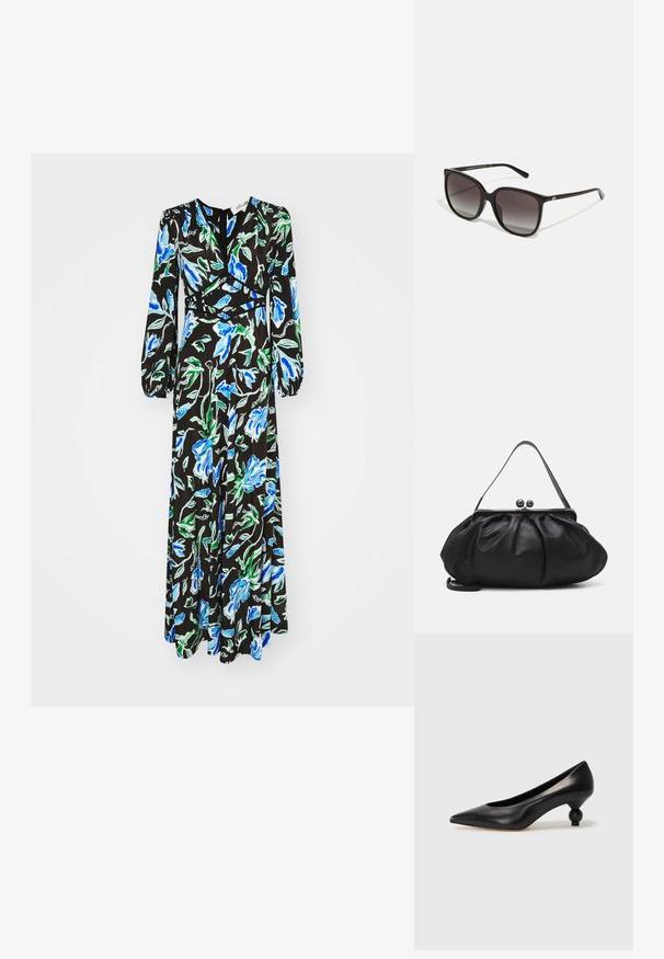 Diane von Furstenberg SELINE DRESS - Robe longue - blue; Chaussure à talon haut en cuir noir avec un bout pointu et un talon arrondi. Texture lisse avec un design épuré et minimal.; Lunettes de soleil rectangulaires noires avec verres dégradés, monture en plastique et accent logo métallique sur la branche. Design classique avec texture lisse.; Sac à main en cuir noir avec un design arrondi et plissé. Il possède un fermoir métallique avec deux boules décoratives et une bandoulière fine et amovible.