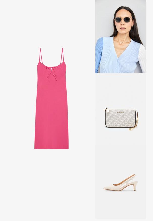 Pielāgota rozā kleita ar plāniem siksniņām, kurai ir necaurspīdīgas detaļas ap kaklu un gluda, viegla auduma. Bez rakstiem vai akcentiem.; Baltas siksniņveida papēdis ar smailu purngalu, gludu augšējo materiālu, zemu blokpapēdi un sānu izgriezumu dizainu ar regulējamu sprādzi.; Apaļas saulesbrilles ar tumšiem objektīviem un zeltītām rāmēm. Modelis valkā gaiši zilu, ribotu kardigānu ar pogām un kontrastējošām baltām piedurknēm.; Michaela Korsa rokassomi bez̦ā īšojuma, kas izgatavota no apklāta kanvas, iekļaujot atkārtotu MK logotipa rakstu, zelta aparatūru un noņemamu ķēdes siksnu.