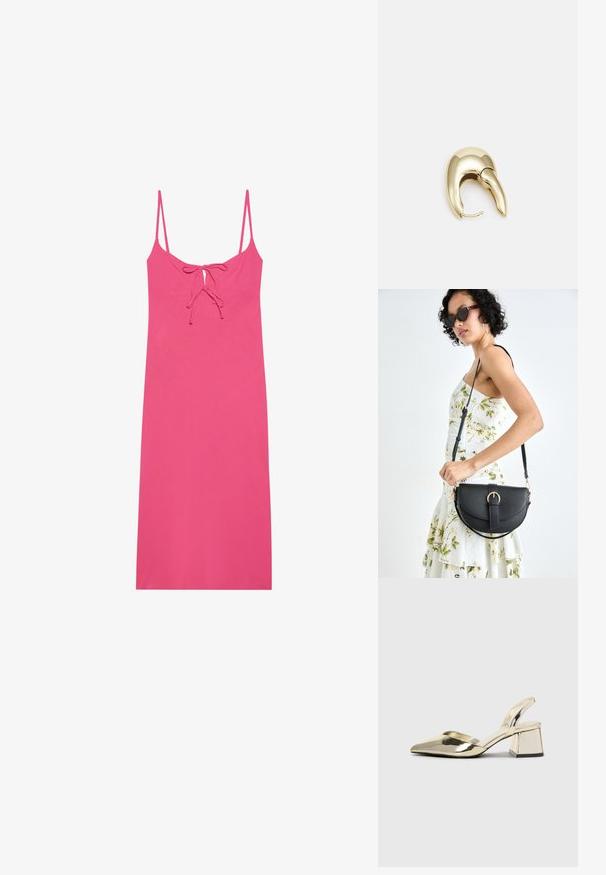 Pielāgota rozā kleita ar plāniem siksniņām, kurai ir necaurspīdīgas detaļas ap kaklu un gluda, viegla auduma. Bez rakstiem vai akcentiem.; Zeltaini, metāla kurpes ar siksniņām, norakans purngalis un masīla papēdis. Gluda tekstūra, minimālisma dizains un šaura siksna.; Melnas ādas rokassoma ar izliekta formu, noņemamu siksnu un zelta aksesuāriem. Somai ir vāciņš ar sprādzes detaļu.; Zeltīti metāla auskari ar gludu, izliekta dizaina. Ar atšķirīgu smailu formu, pulētu virsmu un eņģu aizdari.