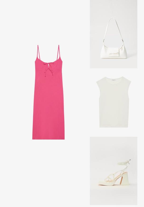 Pielāgota rozā kleita ar plāniem siksniņām, kurai ir necaurspīdīgas detaļas ap kaklu un gluda, viegla auduma. Bez rakstiem vai akcentiem.; Balts bez piedurknēm tops ar apaļu kakla izgriezumu. Izgatavots no gludas auduma, tam ir brīvs piegriezums un minimālistisks dizains. Nav nekādas rakstainības vai akcentu.; Baltas augstpapēžu sandales ar masīvu papēdi, ar siksnu dizainu un potītes saistītiem elementiem. Gluda tekstūra ar platformu priekšpusē, lai nodrošinātu papildu augstumu.; Balta sintētiska soma ar trīsstūrveida formu, plakanu priekšējo vāciņu un loku detaļu, regulējamu siksnu, gludu tekstūru un minimālistisku dizainu.