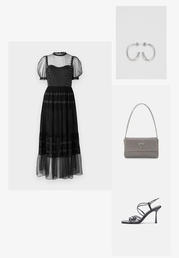 Juodas suknelė su prigludusia liemene, permatomomis pūstomis rankovėmis ir sluoksniuotomis sijonų dalimis, puoštais taškeliais ir dryželiais. Mygtukų akcentai ant dirželių.; Juodos aukštakulnės sandalai pasižymi plonyčiais dirželiais su mazgo dizainu, lygiu kvadratiniu pirštu ir elegantišku stiletto kulnu.; Šviesiai pilka metalinė rankinė su grandinėlės dirželiu, papuošta mažais apvaliais metaliniais smeigėmis ir trikampiu prekės ženklu.; Sidabriniai lankelio formos auskarai su lygiu, blizgiu paviršiumi, išlenktos formos ir su užsegimu. Minimalistinio dizaino su moderniu apdaila.