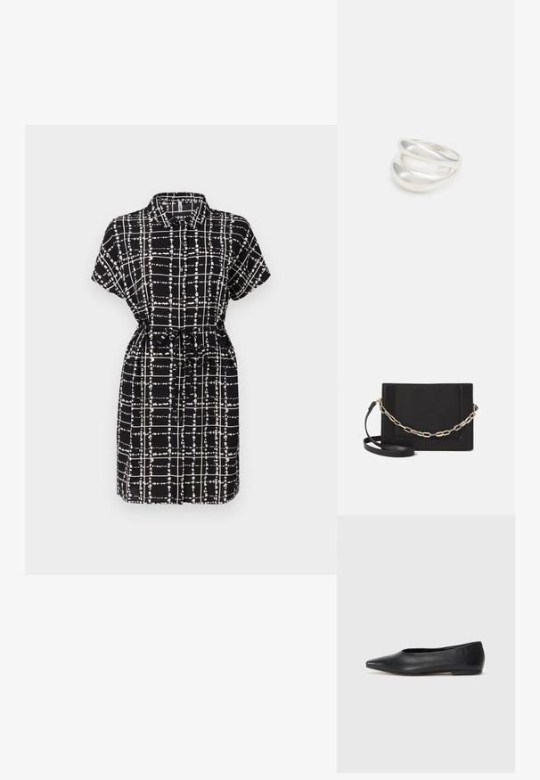 Juodos spalvos trumpomis rankovėmis su balta tinklelio raštu, su apykakle, juosmens paryškinimu su juostele ir atsipalaidavusi forma.; Juodas odinis baleto batas, su smailiu pirštu, minimalistinio dizaino, lygiu paviršiumi, žemo profilio kulnu, be matomos aparatūros ar papuošimų.; Juodas odinis per petį nešiojamas krepšys turi lygų paviršių, stačiakampio formą ir metalinę grandinėlę priekyje. Pridedama reguliuojama dirželis.; Sidabrinis dvigubas žiedas su lygiu, poliruotu paviršiumi. Pasižymi sklandžiu, kreiptu dizainu su persipinančiomis dalimis, suteikiančiomis modernų išvaizdą.