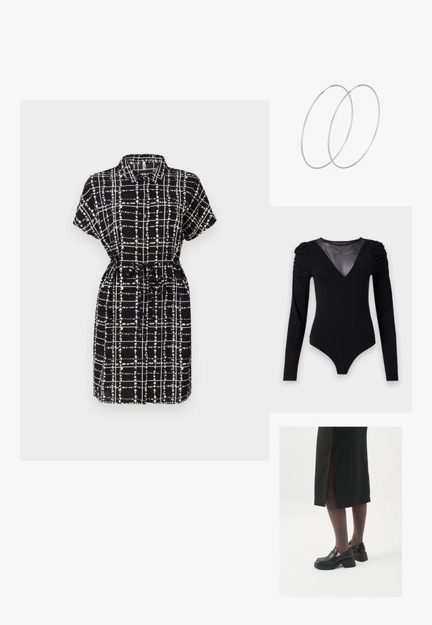 Krátké černé šaty s bílým kostkovaným vzorem, límečkovým designem, zúženým pasem s páskem a volným střihem.; Černý body s dlouhými rukávy, vyznačující se síťovým výstřihem do V a nařasenými detaily na ramenech. Hladký materiál s přiléhavým střihem.; Černé kožené boty s kulatou špičkou, silným blokovým podpatkem a elastickými bočními akcenty, spárované s tmavými punčochami a černou sukní se rozparkem.; Stříbrné kruhové náušnice s minimalistickým designem. Kruh, hladký povrch a tenký profil. Lehká konstrukce s lesklým povrchem.